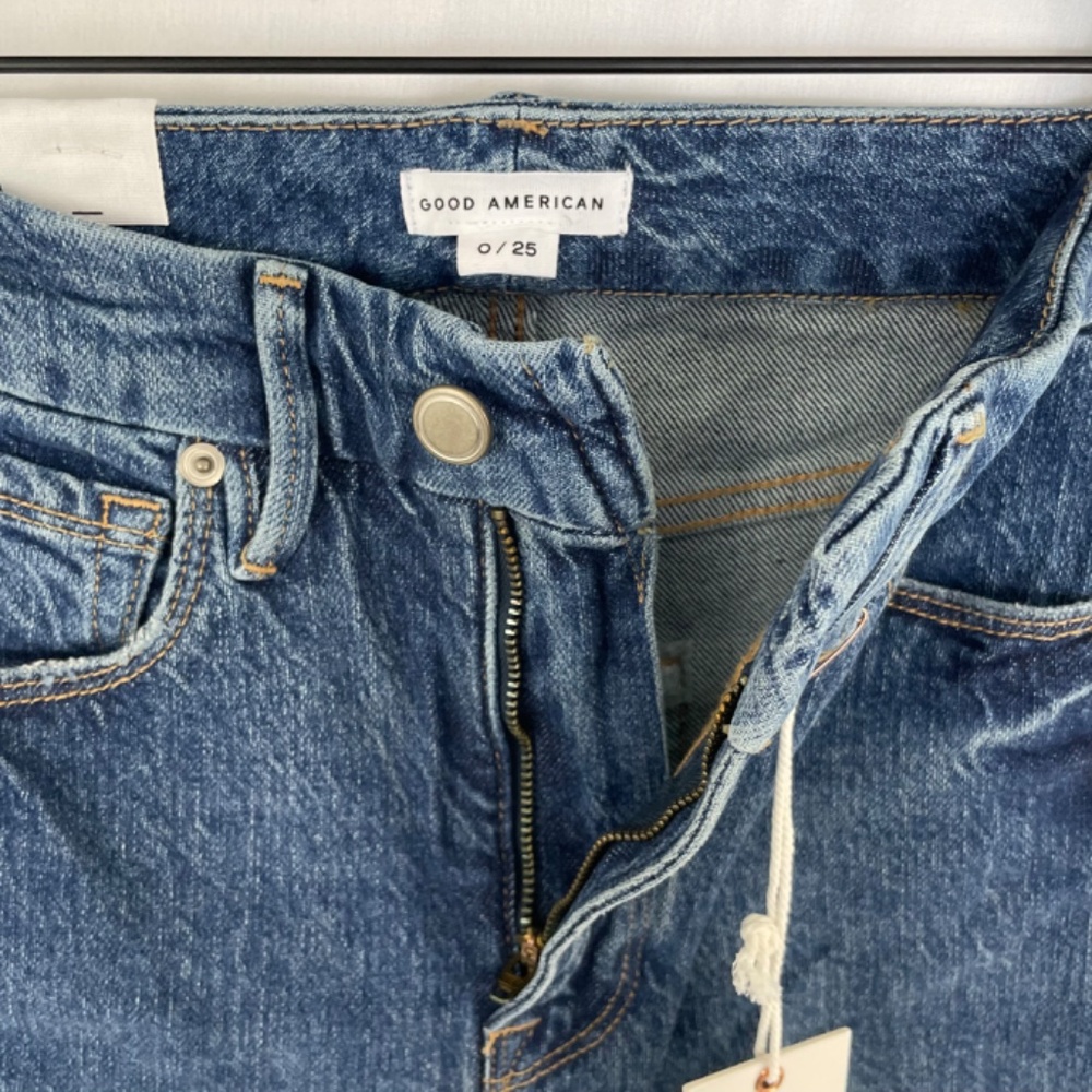 New Good American Slim Straight High Rise Raw Hem Ankle Jeans Blue Size 0 / 25 - Picture 15 of 16